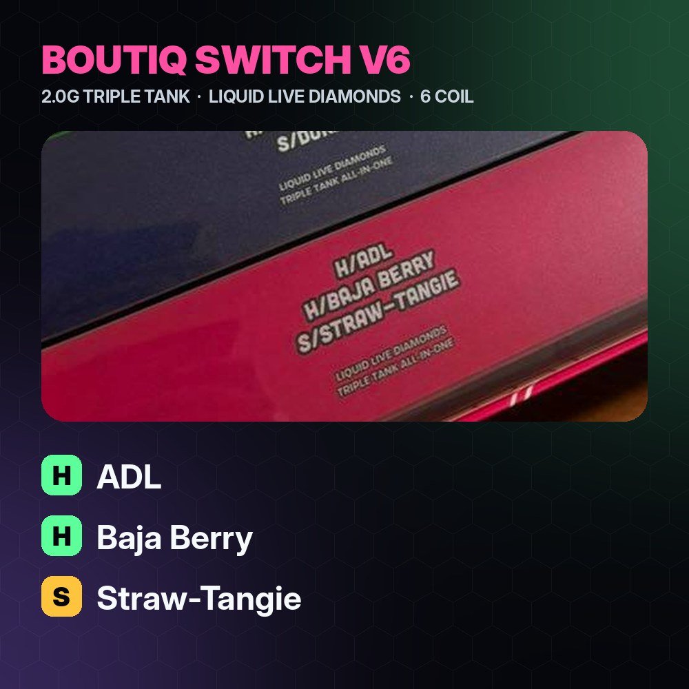 Boutiq V6 ADL / Baja Berry / Straw-Tangie 2G Triple Tank – Strongest THC Vape