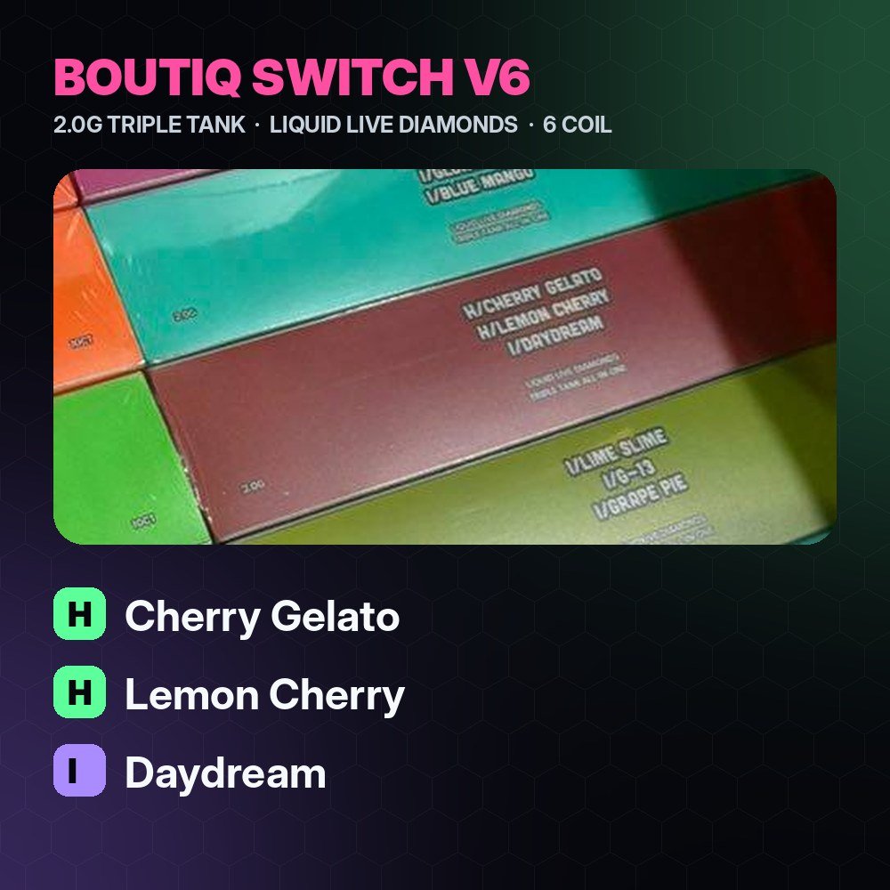 Boutiq V6 Cherry Gelato / Lemon Cherry / Daydream 2G Triple Tank – Strongest THC Vape
