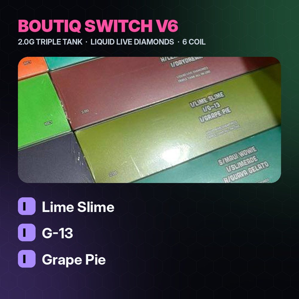 Boutiq V6 Lime Slime / G-13 / Grape Pie 2G Triple Tank – Strongest THC Vape