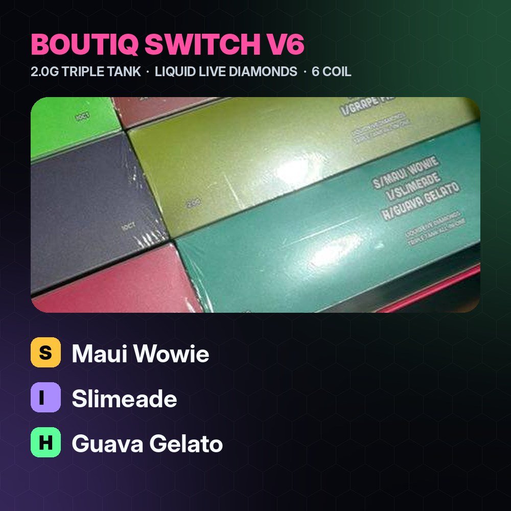 Boutiq V6 Maui Wowie / Slimeade / Guava Gelato 2G Triple Tank – Strongest THC Vape