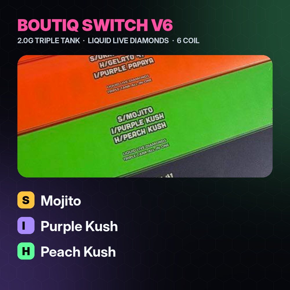 Boutiq V6 Mojito / Purple Kush / Peach Kush 2G Triple Tank – Strongest THC Vape